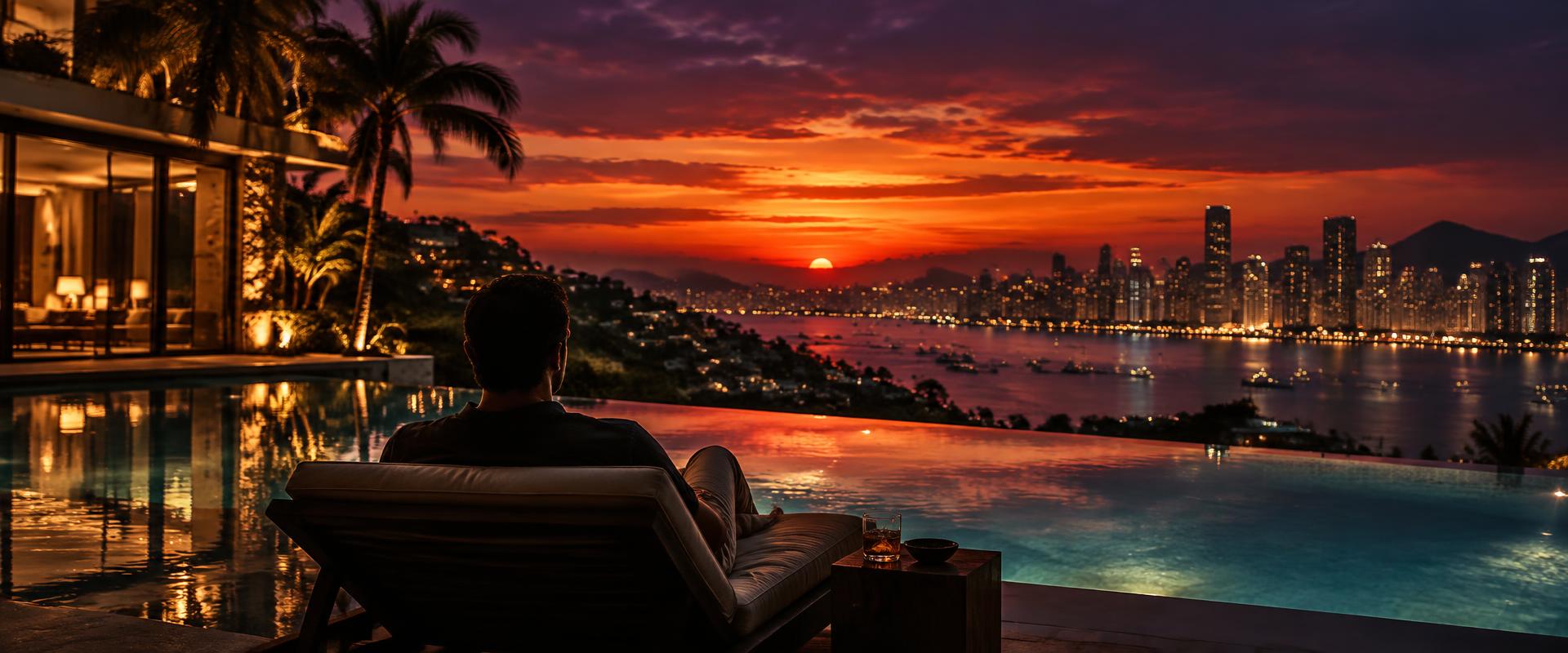 A man seen from behind at the edge of a lit infinity pool, looking out over a bay to a city skyline at sunset